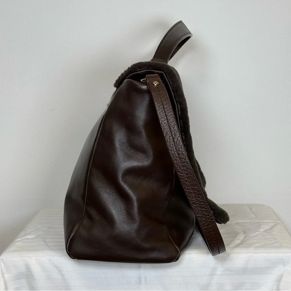 Varriale Italian Dark Brown Leather And Shearling Messenger Bag Adjustable Strap - Picture 5 of 16